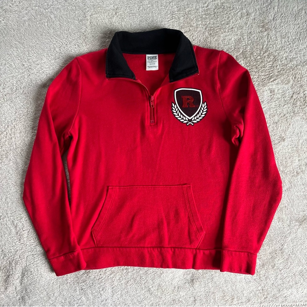 PINK Rutgers University Red Black Sequins Graphic Half Zip Jacket Size XS